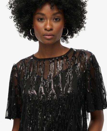 SHEER SHORT SLEEVE SEQUIN WOMEN'S BLACK TOP