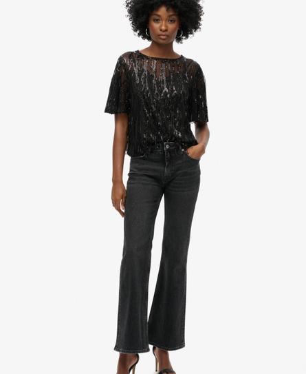 SHEER SHORT SLEEVE SEQUIN WOMEN'S BLACK TOP