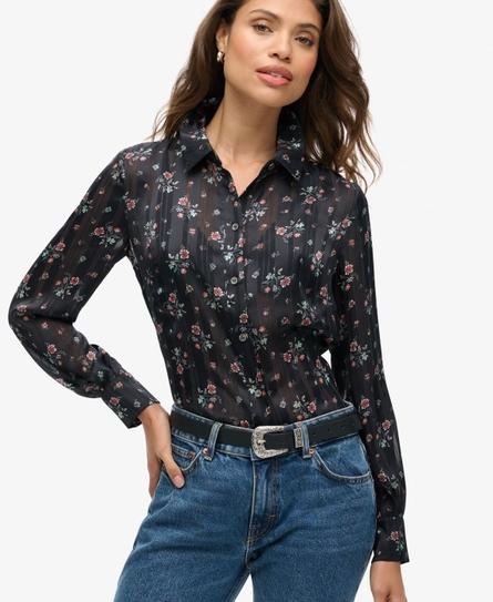 SHEER LUREX PRINTED BLOUSE WOMEN'S BLACK TOP