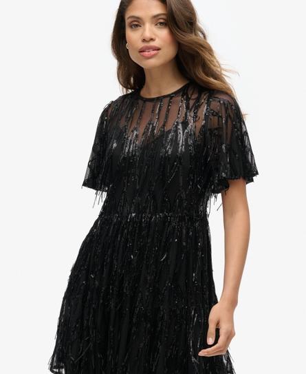 VOLUME TIERED MESH MINI WOMEN'S BLACK DRESS