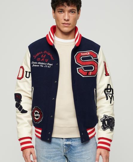 COLLEGE VARSITY PATCHED MEN'S BLUE BOMBER JACKET