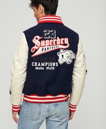 COLLEGE VARSITY PATCHED MEN'S BLUE BOMBER JACKET