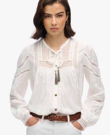 WOVEN LACE LS BLOUSE WOMEN'S WHITE TOP