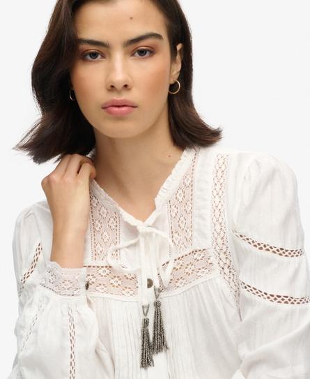 WOVEN LACE LS BLOUSE WOMEN'S WHITE TOP