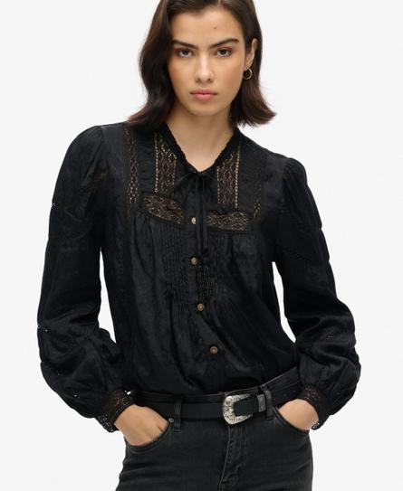 WOVEN LACE LS BLOUSE WOMEN'S BLACK TOP