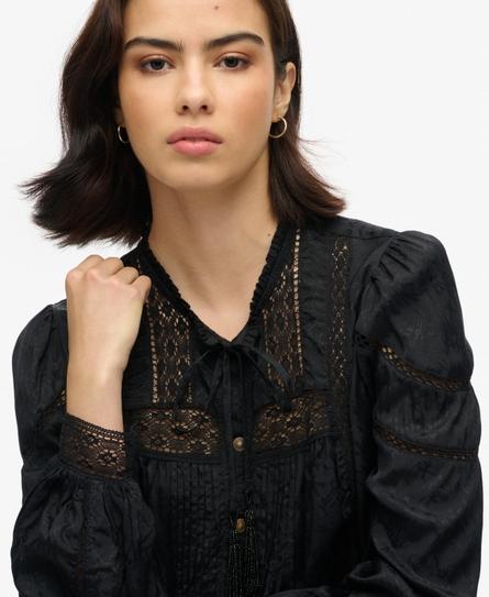 WOVEN LACE LS BLOUSE WOMEN'S BLACK TOP