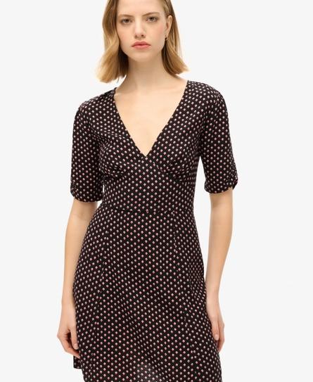 PRINTED SS MINI TEA WOMEN'S BLACK DRESS