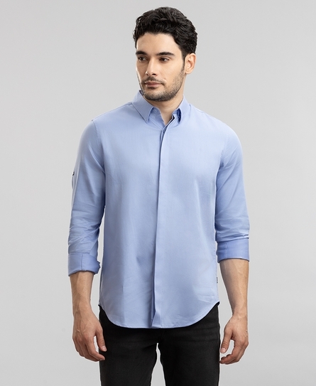 SATIN L/S CONCEALED BLUE SHIRT