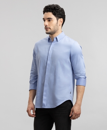 SATIN L/S CONCEALED BLUE SHIRT