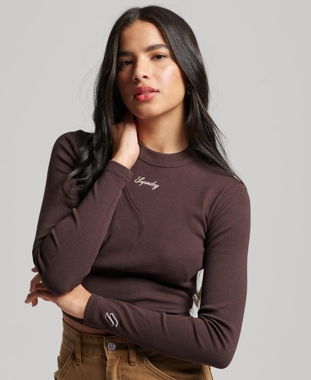 RIB LONG SLEEVE EMB FITTED WOMEN'S BROWN TOP