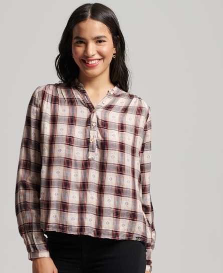 LONG SLEEVE CHECK WOMEN'S RED BLOUSE TOP