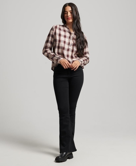 LONG SLEEVE CHECK WOMEN'S RED BLOUSE TOP