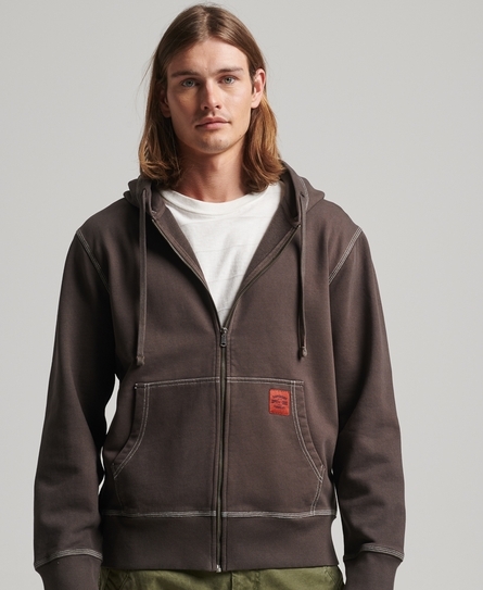 CONTRAST STITCH RELAX ZIP MEN'S BROWN HOOD