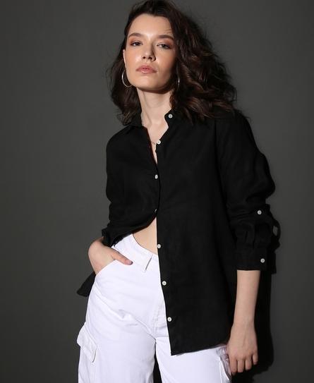 STUDIOS CASUAL LINEN L/S WOMEN'S BLACK SHIRT