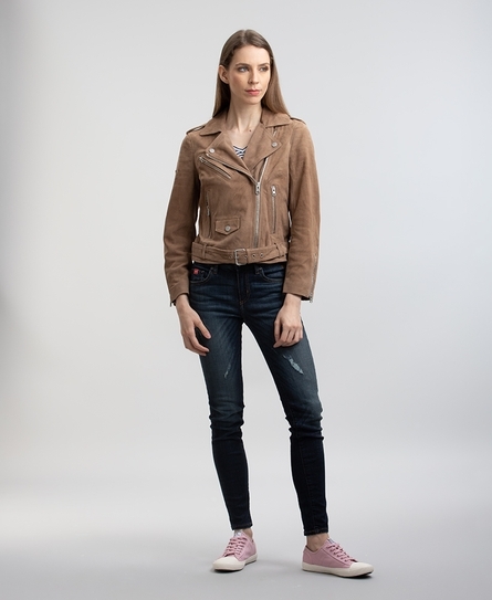 Woman suede jacket mod. Timberly Bomber in genuine Honey suede leather 100%  made in Italy