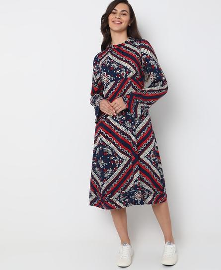 PRINTED LONG SLEEVE MIDI WOMEN'S BLUE DRESS