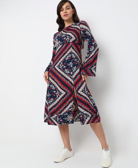 PRINTED LONG SLEEVE MIDI WOMEN'S BLUE DRESS