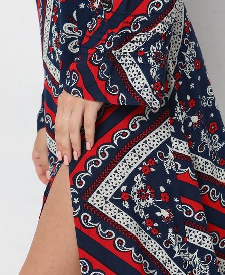 PRINTED LONG SLEEVE MIDI WOMEN'S BLUE DRESS