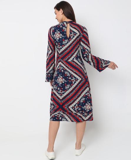 PRINTED LONG SLEEVE MIDI WOMEN'S BLUE DRESS