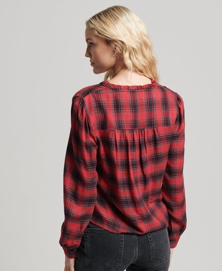 VINTAGE RUFFLE TRIM LS CHECK WOMEN'S RED TOP
