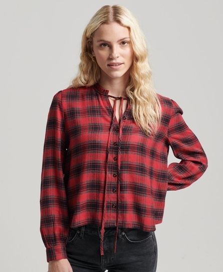 VINTAGE RUFFLE TRIM LS CHECK WOMEN'S RED TOP