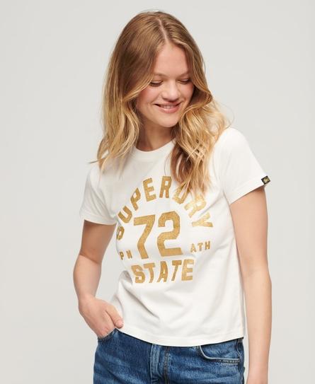 COLLEGE SCRIPTED GRAPHIC WOMEN'S WHITE T-SHIRT