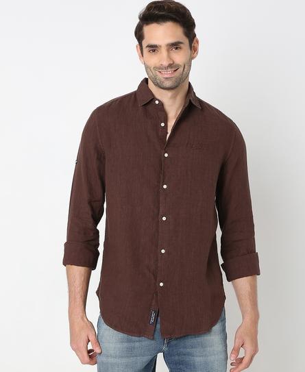 STUDIOS CASUAL LINEN L/S MEN'S BROWN SHIRT