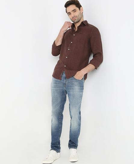 STUDIOS CASUAL LINEN L/S MEN'S BROWN SHIRT