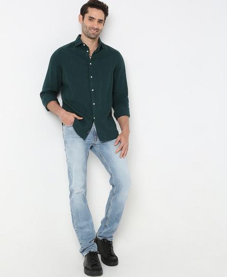 STUDIOS CASUAL LINEN L/S MEN'S GREEN SHIRT