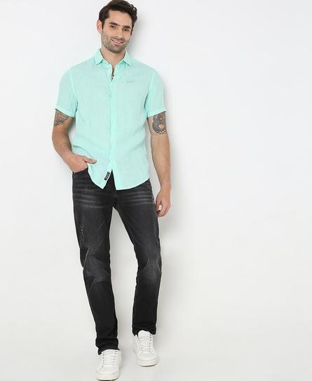 STUDIOS CASUAL LINEN S/S MEN'S GREEN SHIRT