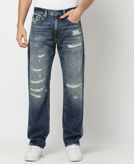 NARUTO STRAIGHT HEAVY DISTRESSED MID BLUE JEANS