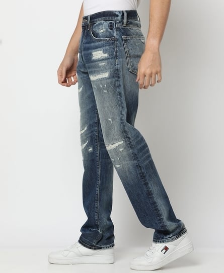 NARUTO STRAIGHT HEAVY DISTRESSED MID BLUE JEANS