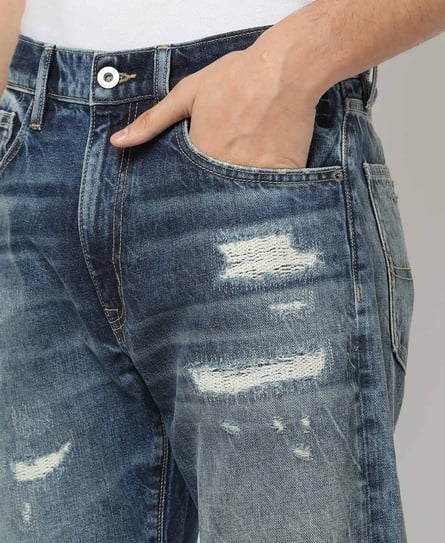 NARUTO STRAIGHT HEAVY DISTRESSED MID BLUE JEANS