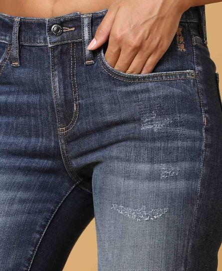 CAMELLIA SLIM WHISKERED HEAVY DISTRESSED BLUE JEANS 