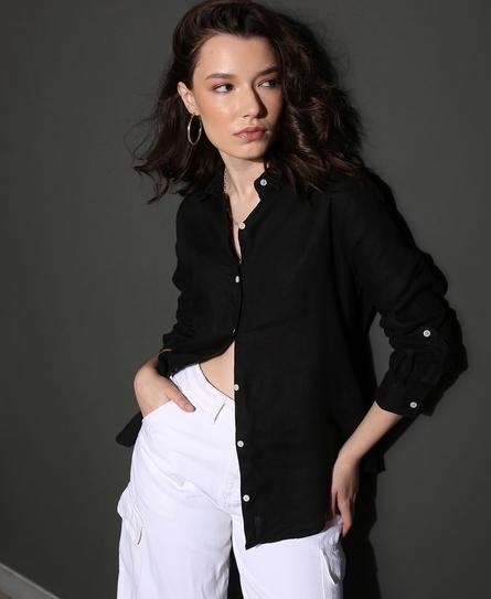 STUDIOS CASUAL LINEN L/S WOMEN'S BLACK SHIRT