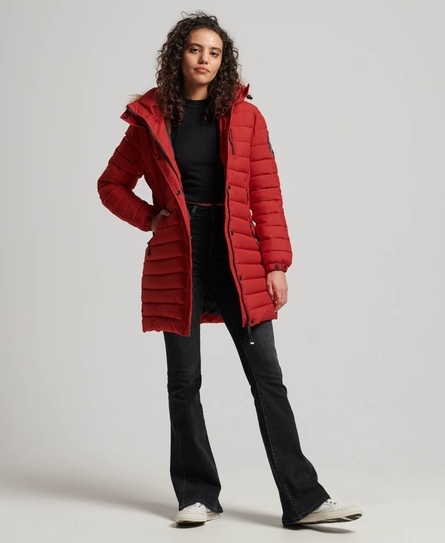 FUJI HOODED MID LENGTH WOMEN'S RED PUFFER JACKET