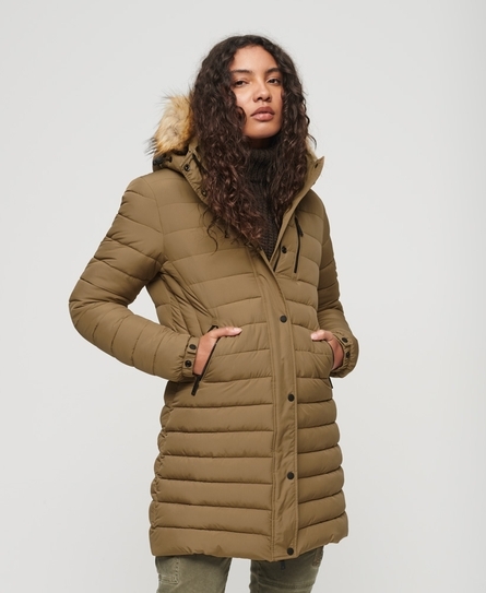 FUJI HOODED MID LENGTH WOMEN'S BROWN PUFFER JACKET