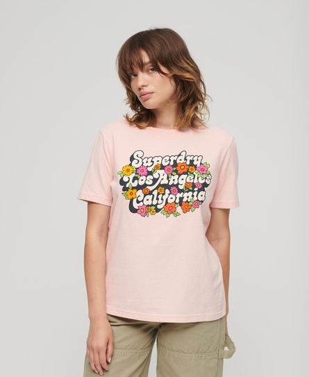 70'S FLORAL SCRIPT LOGO WOMEN'S PINK T-SHIRT