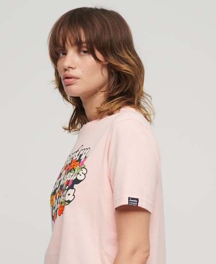 70'S FLORAL SCRIPT LOGO WOMEN'S PINK T-SHIRT