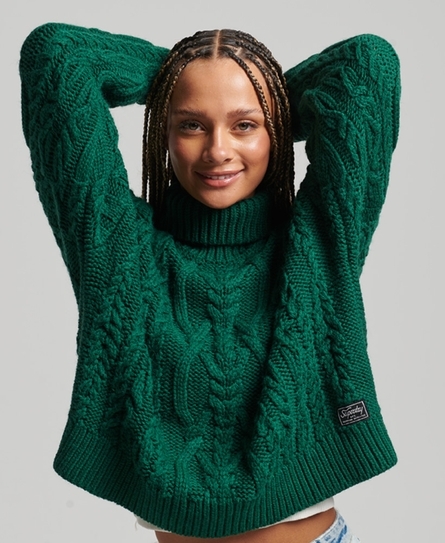VINTAGE HIGH NECK CABLE KNIT WOMEN'S GREEN SWEATER