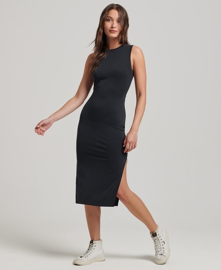 BACK DETAIL JERSEY WOMEN'S BLACK MIDI DRESS